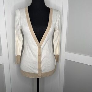 Xhilaration Cardigan Sweater Womens Small White Tan Colorblock V-Neck Button Up